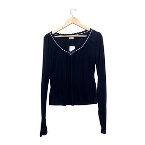 Intimately Free People Black Ribbed Crochet Trim V-Neck Long Sleeve Top L NEW
